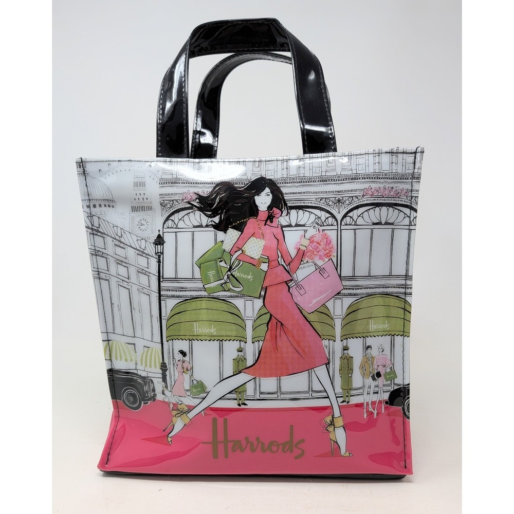 Harrods London Megan Hess Small Reusable Shopping Tote Bag PVC Zip Closure